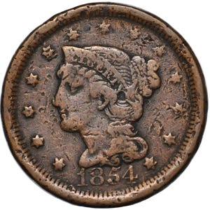 1854 En cents mynt med roterad diefel - Unikt feljusterat fram-/baksida 1800-talets en cent