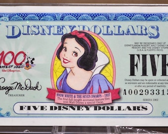 RARE 2002 Disney 5 Dollars Snow White Collectible Note - "AA" Series - Uncirculated - 2002 Series Disneyland Five Dollars Novelty Note