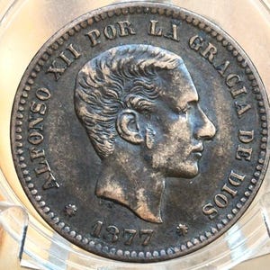 1877 Spanish 5 Centimos - AU, Beautiful Color / Tone - Spain 1877 Cinco Centimos - High Grade Coin, Rarer Date, 5 Cents Spain 1877