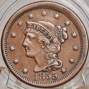 1855 Braided Hair Large Cent - Choose by Grade / Condition - 1855 Coronet Cent - 1855 US Large Cent - Braided Hair Upright 5