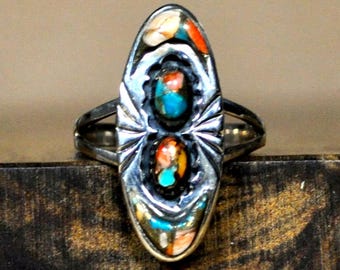Santa Fe Spiny Turquoise and Coral Ring - Size 10 - Stamped and Tested Sterling Silver - Native Southwest Jewelry
