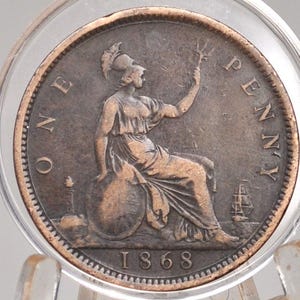 1868 Great Britain One Penny - VF (Very Fine) Grade/Condition - UK Penny 1868 England 1 Cent - Queen Victoria - Bronze, High Grade