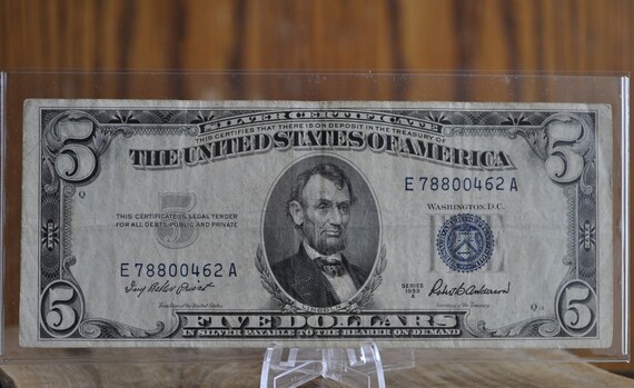 1953 Blue Seal 5 Dollar Bill 1953 Five Dollar Silver - Etsy