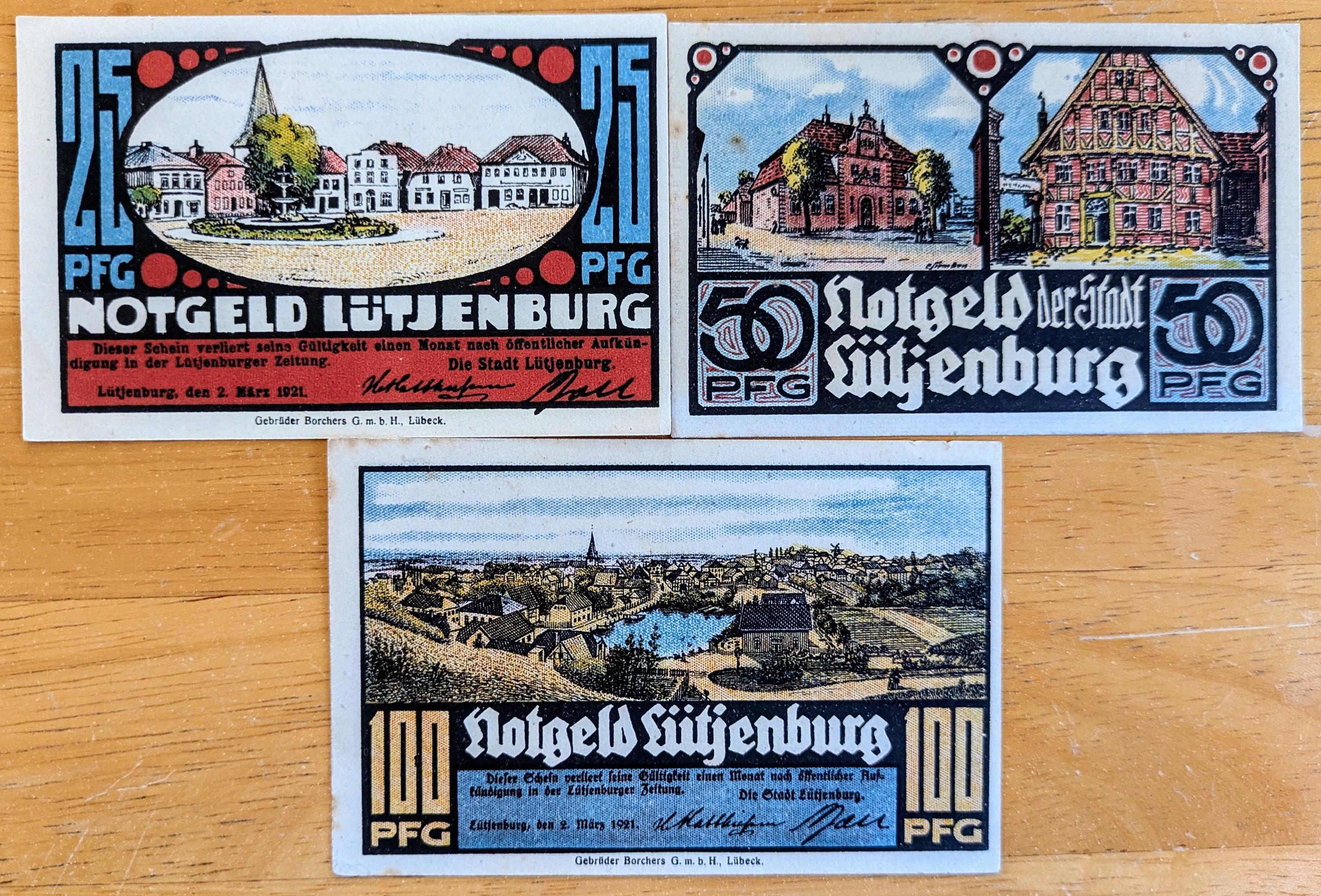 ドイツ1921年 25マルク 布幣 1921年 ルッチェンブルク ドイツ 25、50、100 ペニヒ ノートゲルト