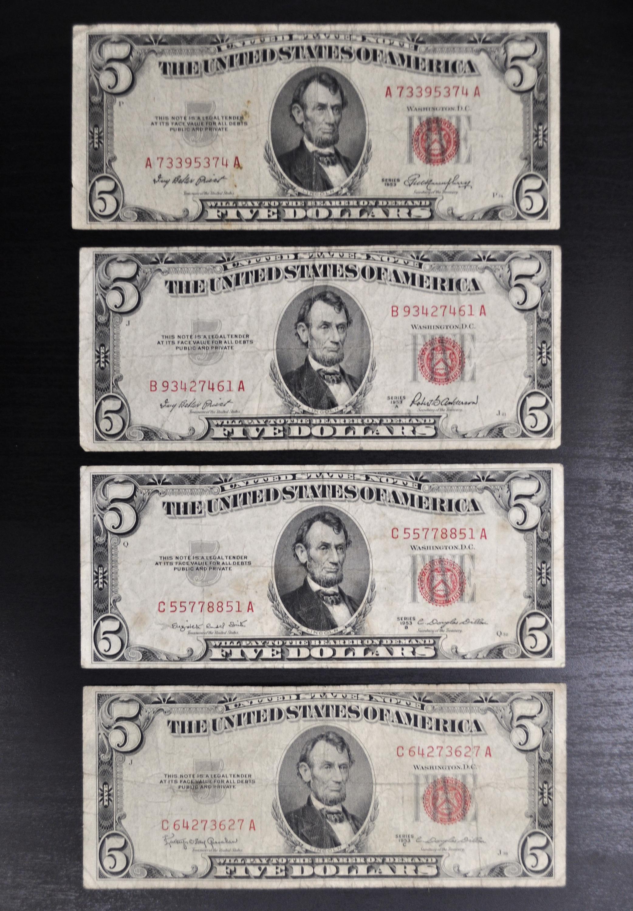 アメリカドル 紙幣のレプリカ コピー 9種類 1953年レッドシール5ドル紙幣 Fr#1532-1535 - グレードで選択 - 単品