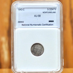 1943 Newfoundland 5 Cent - AU58 Grade / Condition - Beautiful Mint Luster - Five Cents Newfoundland 1943 - Sterling Silver