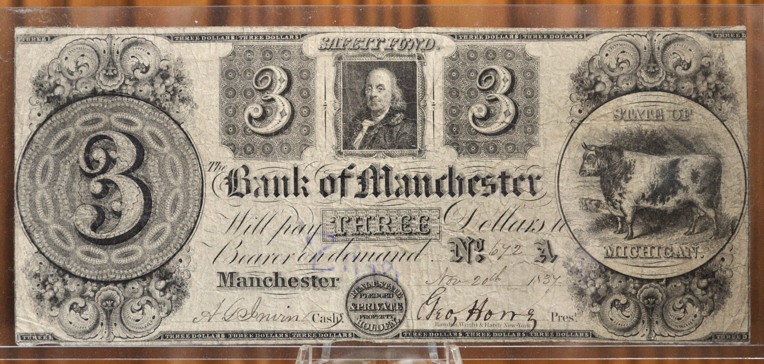1837 年マンチェスター銀行 3 ドル紙幣 - ベンジャミン フランクリン