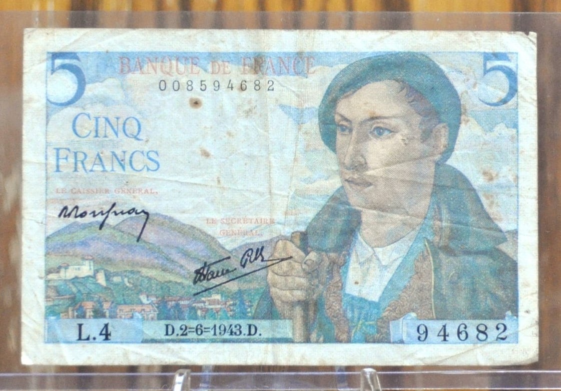 1943 France 5 Franc Banknote - WWII Era French Bank Note, Shepard