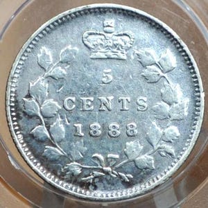 1888 Canadian Silver 5 Cent Coin - Choose by Grade, Low Mintage Date - Queen Victoria Canada 5 Cent Sterling Silver 1888