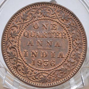India 1/4 Anna 1936 - XF/AU - 1936 India Quarter Anna - British India One Quarter Anna, High Grade, Great Coin