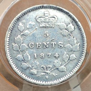 1874 Canadian Silver 5 Cent Coin - Choose by Grade / Condition - Queen Victoria Canada 5 Cent Sterling Silver 1874, Low Mintage Date
