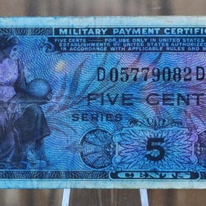 1951 U.S. Military 5 Cent Payment Certificate - Series 481 - 1951 United States Military Payment Certificate MPC Five Cents Note - P#M22a