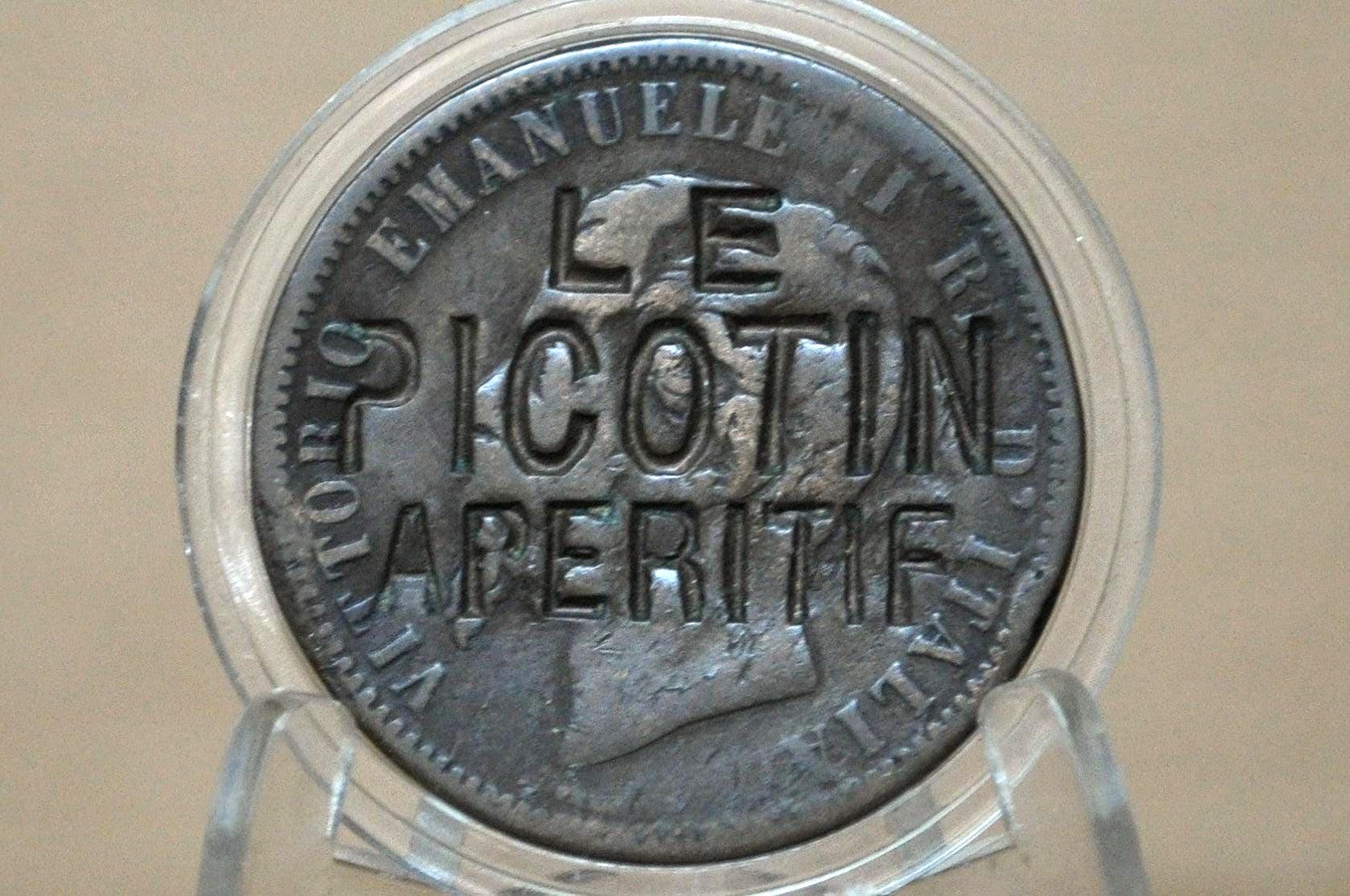 1860年代イタリア10センテジミ硬貨、カウンタースタンプ「Le Picotin 