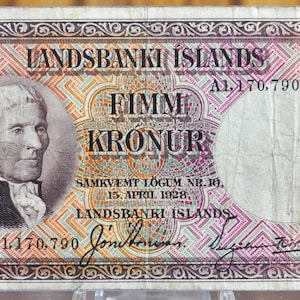 1928 Banconota da 5 corone islandesi - 1928 Isole Landsbanki prefisso A tipo - 1928 Banconota da cinque corone islandesi delle Isole Landsbanki 1928 P#27b