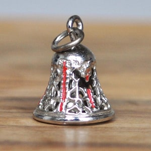 Sterling Silver Red Enamel Filigree Bell Charm - Stamped and Tested Sterling Silver - Vintage Christmas Bell