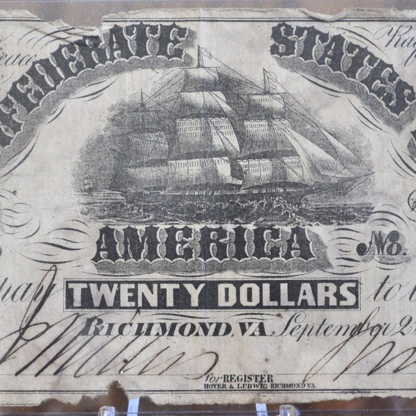 1861 Confederate States of America 20 Dollar Bill - Civil War Issue Banknote - Confederate Twenty Dollar Note- T-18 / CS-18, Rarer Note