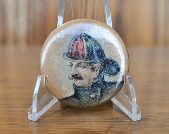 Antique Victorian Fireman Celluloid Lithograph Pinback Button - 1.5" Length - Vintage 1890s Mustache Firefighter Pin, Victorian Style