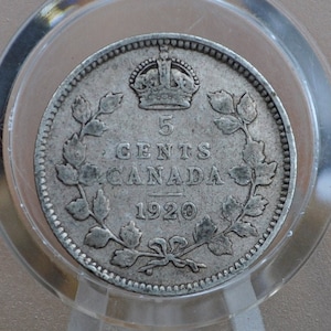 1920 Canadian Silver 5 Cent Coin - F (Fine) Condition - King George - Canada 5 Cent 80% Silver 1920 Canada