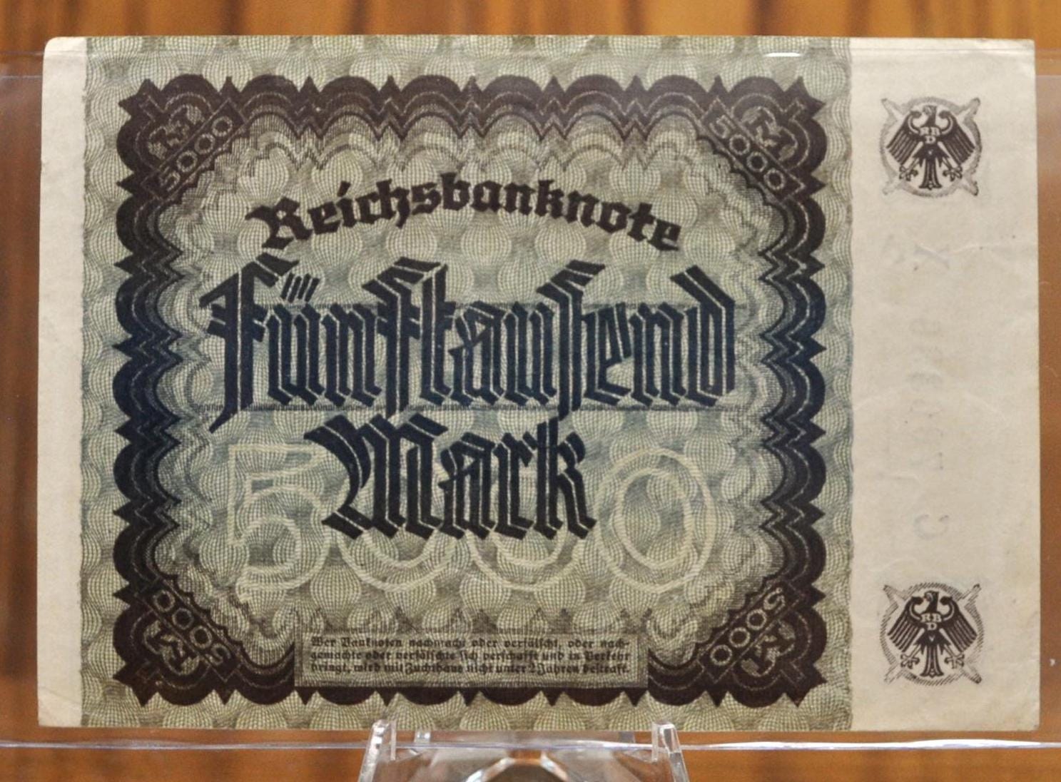 1922 年 5000 マルクドイツ紙幣 - ライヒスバンクノート - 格子模様