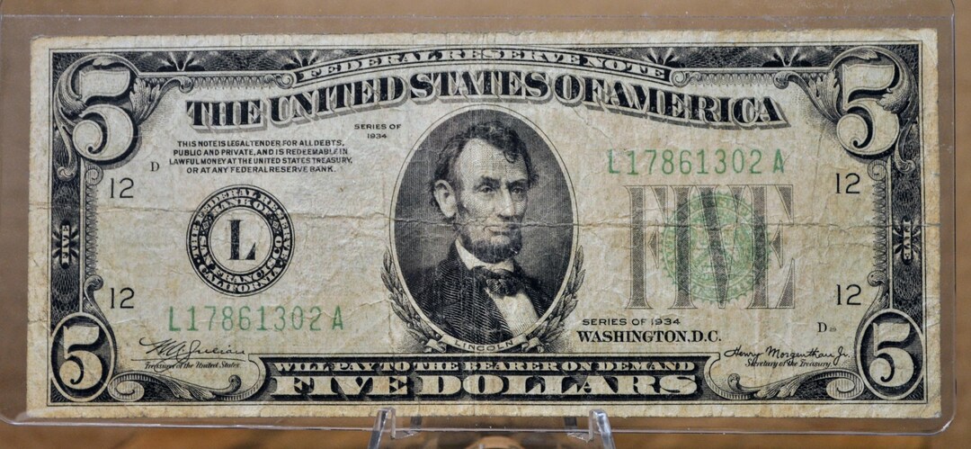 Mule Note Example 1934 Federal Reserve 5 Dollar MULE Note - San Francisco (L) Bank Issue ...