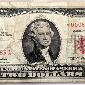 1963 STAR Red Seal 2 Dollar Note - VF (Very Fine) Grade - Low Fancy Serial Number, 5 Digits - 1963 Two Dollar U.S. Star Note - Fr#1513*