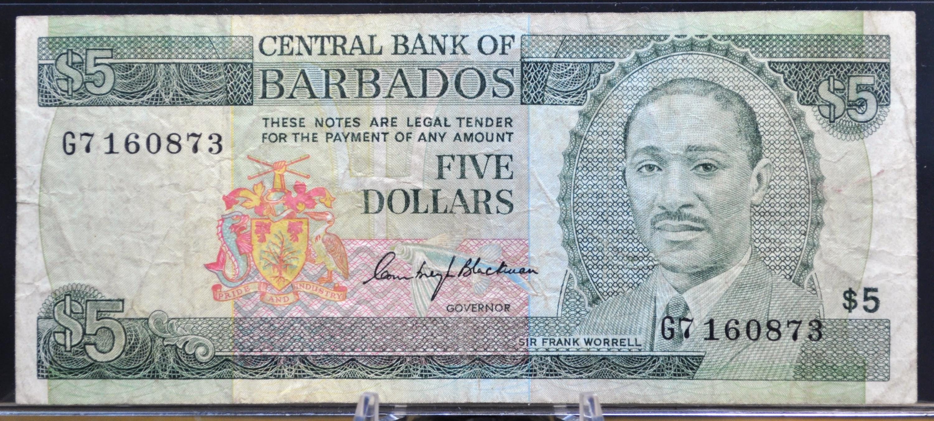 1975 Central Bank of Barbados 5 Dollar Banknote - C. Blackman Signature ...