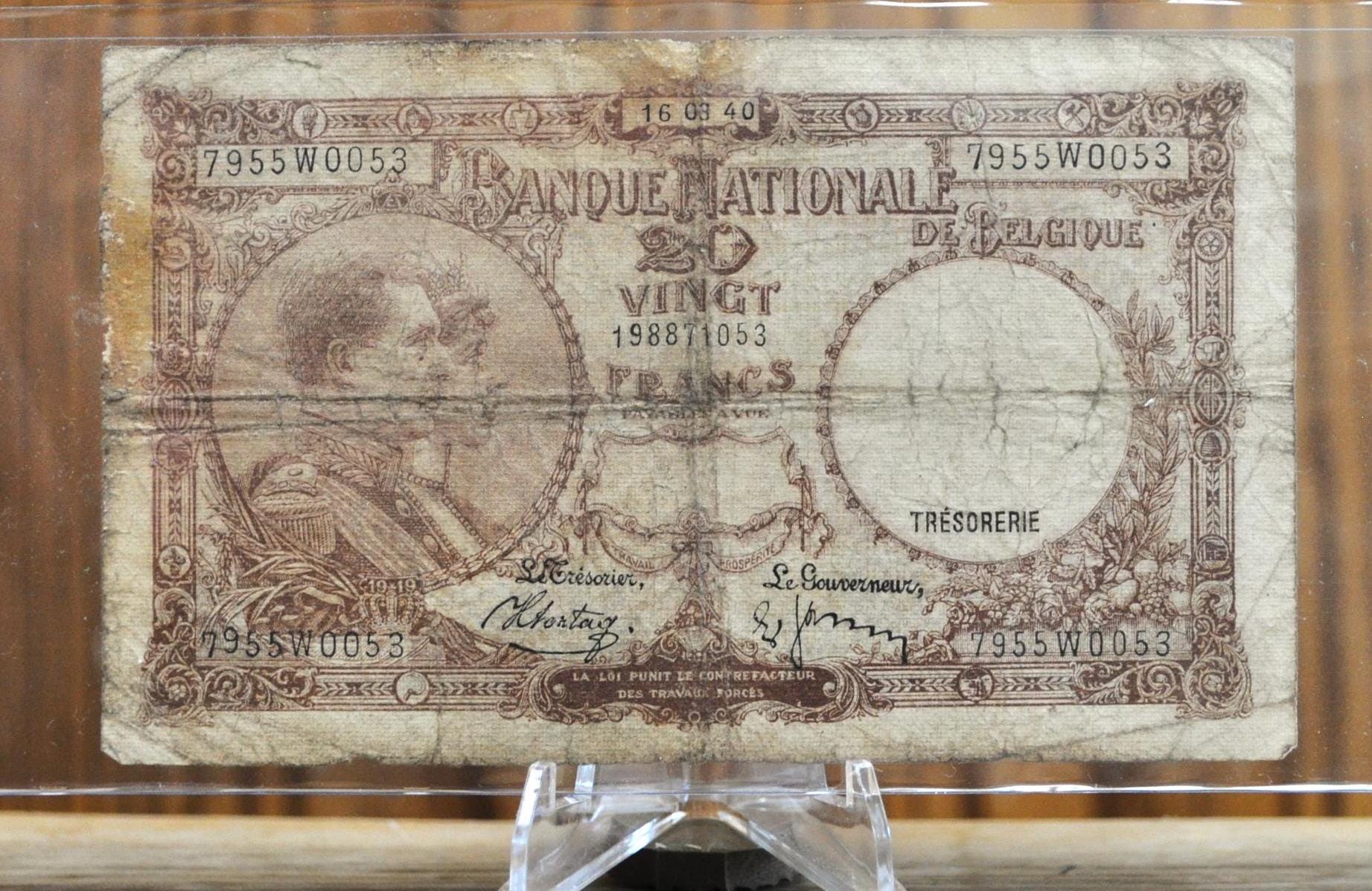 1940 年ベルギー国立銀行 20 フラン紙幣 - 第二次世界大戦時代の紙幣