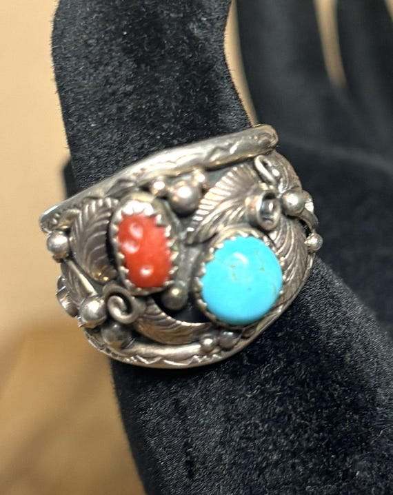 Vintage Navajo Sterling Silver Turquoise & Coral Ring Size 9.5