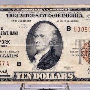 Banconota da 10 dollari della Federal Reserve del 1929 - Numero di serie Fancy Low - Emissione di New York - Banconota nazionale da 10 dollari con sigillo marrone del 1929 - Fr.1860-B