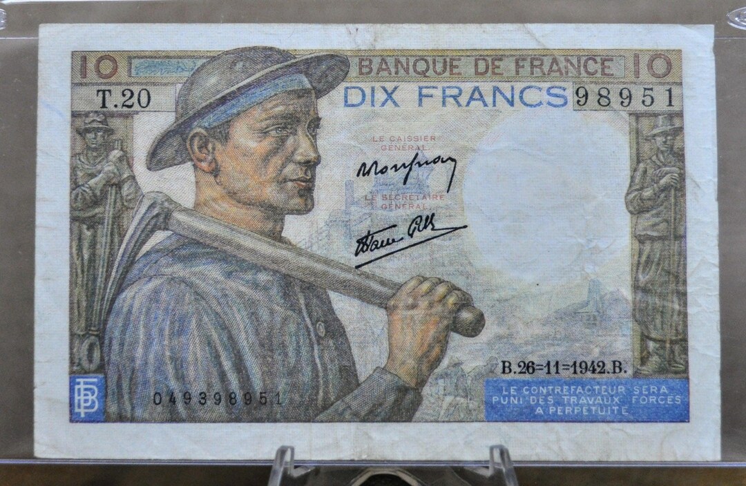 1944 France 10 Franc Banknote - Miner Type, 26-11-1942 - Banque De ...