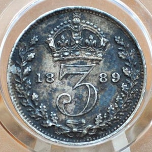 1889 UK Threepence Great Britain 3 Pence Silver - XF+ Grade / Condition - UK 3 Pence Silver 1889 - Queen Victoria / Victorian Era
