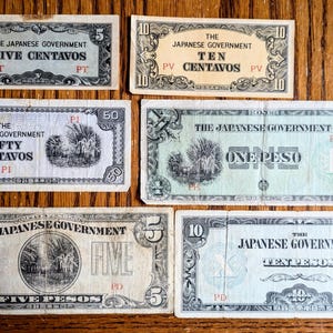 1942 Philippines Japanese Government Banknotes Full Set - WWII Occupied Philippines - 1942 Set of 6 Filipino Peso and Centavos Notes