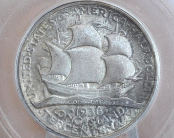 アメリカ　1936 ロングアイランド　記念銀貨　ハーフダラー 本物 1936 ロングアイランド 300 周年記念銀貨ハーフドル - MS60+ (未
