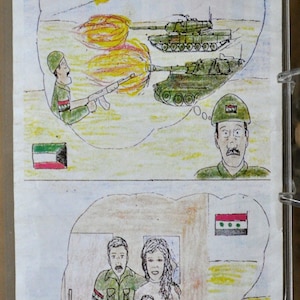 May include: A hand-drawn illustration depicts a soldier's thoughts. The top section shows a helicopter and tanks firing, with text in Arabic. The bottom section shows a family. Flags of Kuwait and Iraq are present.