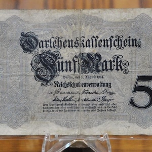 1914 5 Mark German Note - Darlehnskassenschein - Bra skick - WWI eran note - 8-siffrigt serienummer - 1914 Five Mark Germany Note - P#47c