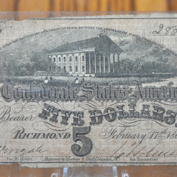 1864 Confederate States of America 5 Dollar Bill - Civil War Issue Banknote - Confederate Five Dollar Bill - Richmond Capitol, T-69 / CS-69