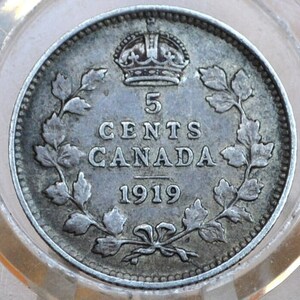 1919 Canadian Silver 5 Cent Coin - Very-Extremely Fine  - Canada 5 Cent Sterling Silver 1919 Canada