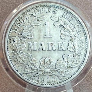 1910 German 1 Mark, F Mint Mark - AU (About Uncirculated), Lustrous - German Empire Silver One Mark 1910, Stuttgart Mint