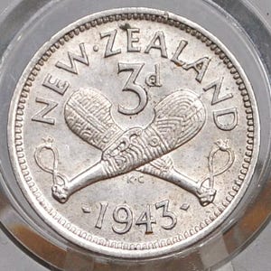 1943 New Zealand Silver Threepence - Uncirculated - 50% Silver - 1943 New Zealand Six pence 6 Pence