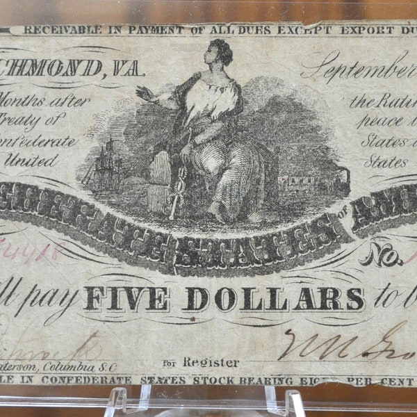 1861 Confederate States of America 5 Dollar Bill CS36/T36- Civil War Issue Banknote - Confederate Five Dollar Note- T-36 / CS-36, Rarer Note