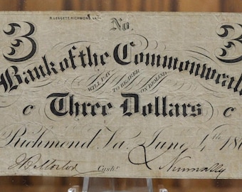 1862 Bank of the Commonwealth 3 Dollar Note - Virginia Obsolete Currency - June 4, 1862 - 1862 Three Dollar Richmond VA Civil War Bank Note