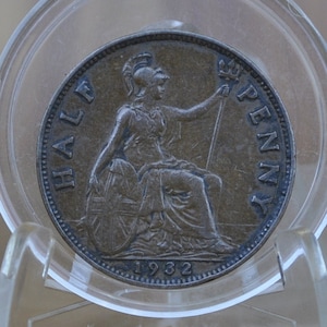 1932 Great Britain Half Penny - XF (Extremely Fine) Condition - UK Half Penny 1932 - King George 1/2 Penny Bronze - ha&#39;penny 1932
