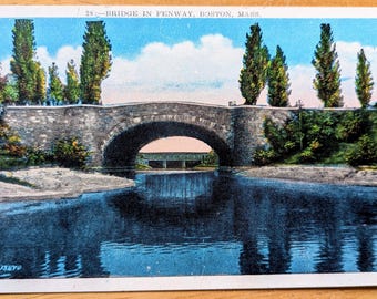 1920s Bridge in Fenway, Boston, Massachusetts Postcard - Vintage Backbay Fens - Antique Chromo Lithograph Boston MA Postcard