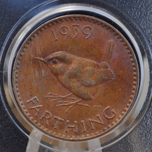 1939 Farthing Great Britain - Great Condition - UK 1 Farthing 1939 Wren Design - King George VI - British One Farthing 1939 - Cute Wren