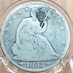 1855-O Seated Liberty Half Dollar - VG, Holed & Plugged - 1855O Liberty Seated Silver Half Dollar With Arrows - Authentic