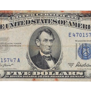 1953A Fancy Bookend Serial Number 5 Dollar Silver Cert - 47015747 - 1953-A Blue Seal Five Dollars Note Cool Serial - Fr.1656