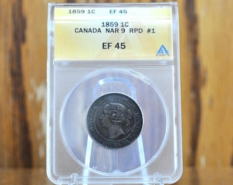 1859 Canadian Cent Re-punched Date #1, ANACS Certified XF45