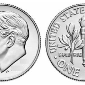 May include: A silver US dime coin with the profile of President Franklin D. Roosevelt on the obverse and a torch with olive branches on the reverse. The coin reads "LIBERTY", "IN GOD WE TRUST", "UNITED STATES OF AMERICA", "E PLURIBUS UNUM", and "ONE DIME".