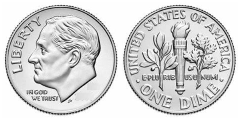 May include: A silver US dime coin with the profile of President Franklin D. Roosevelt on the obverse and a torch with olive branches on the reverse. The coin reads "LIBERTY", "IN GOD WE TRUST", "UNITED STATES OF AMERICA", "E PLURIBUS UNUM", and "ONE DIME".