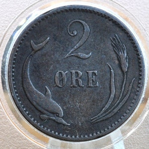1800s Danish 2 Ore, Porpoise / Dolphin Coin - XF - 1800s Denmark Dolphin Coin / Porpoise Coin, Denmark 2 Ore 1897, 2 Ore 1881